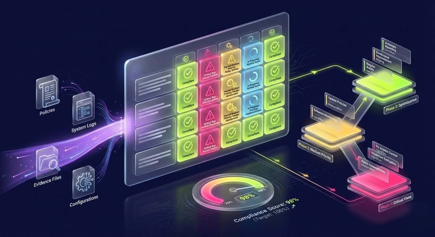 Compliance Gap Analysis Visualization: AI analyzing policies, system logs, and evidence files to identify gaps and create remediation roadmaps with compliance score progression
