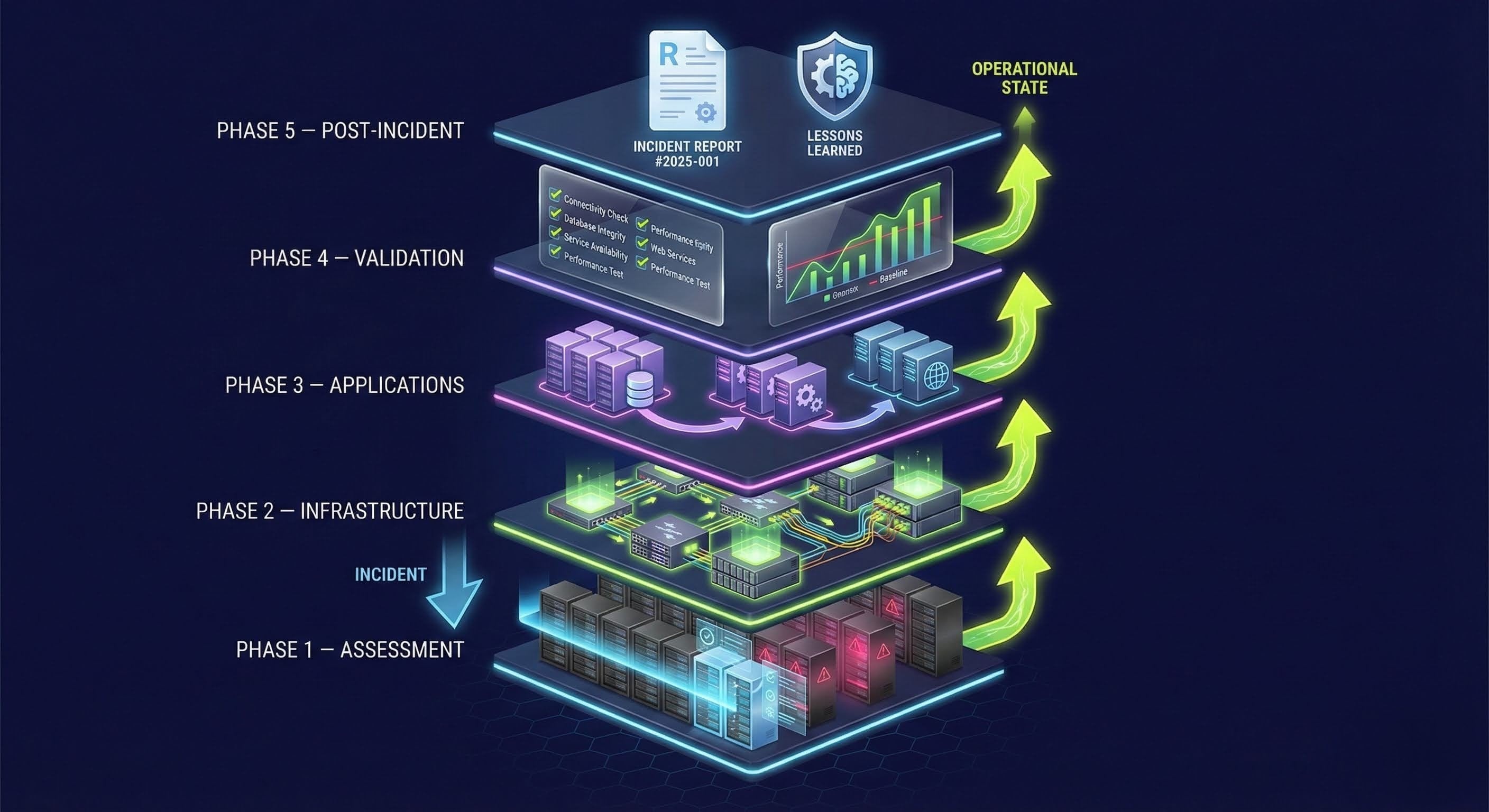 Post-Incident Recovery Sequencing - Five-phase layered recovery from assessment to operational state