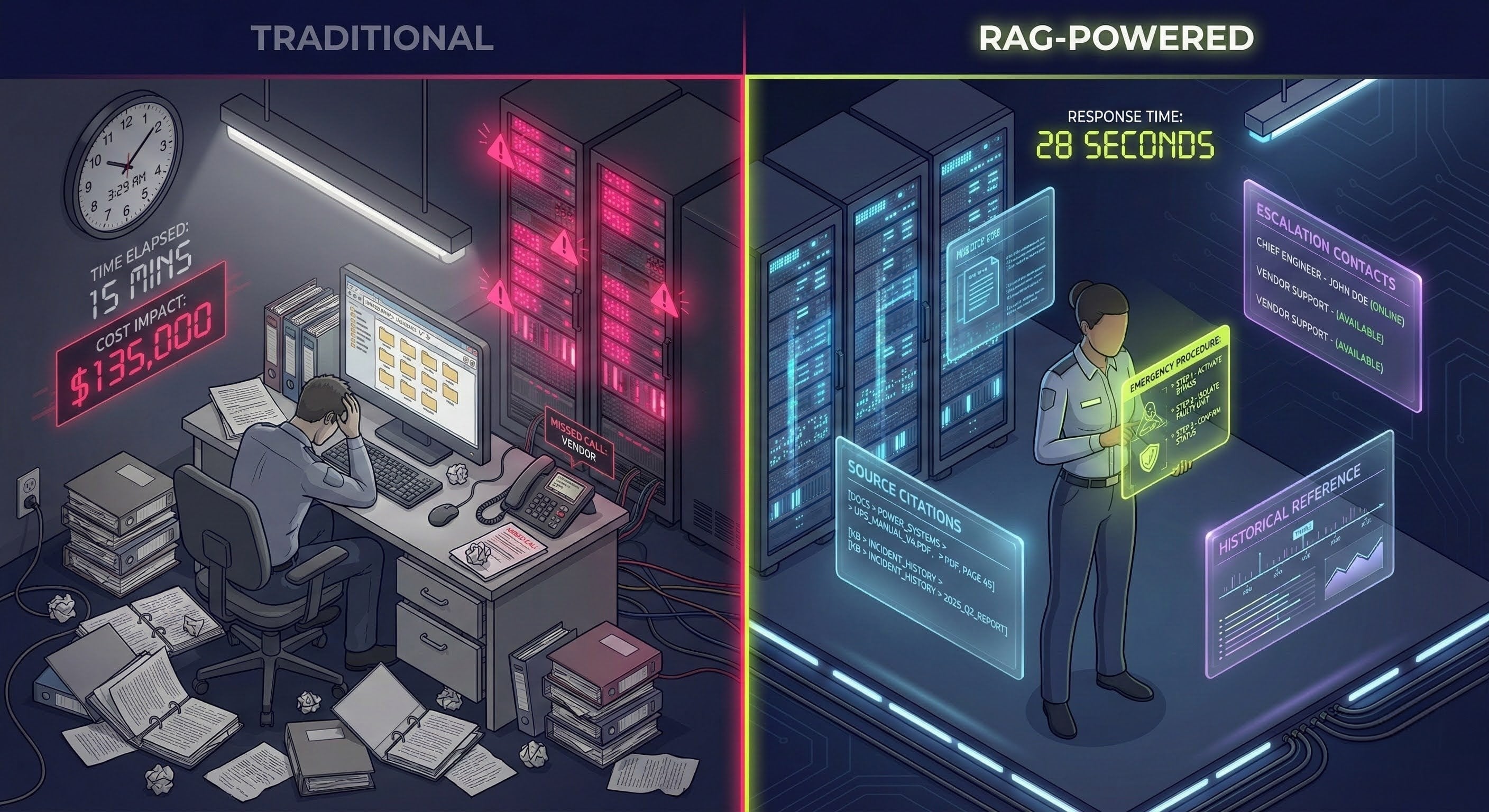 Traditional vs RAG-Powered Emergency Response - 15 minutes and $135,000 vs 28 seconds