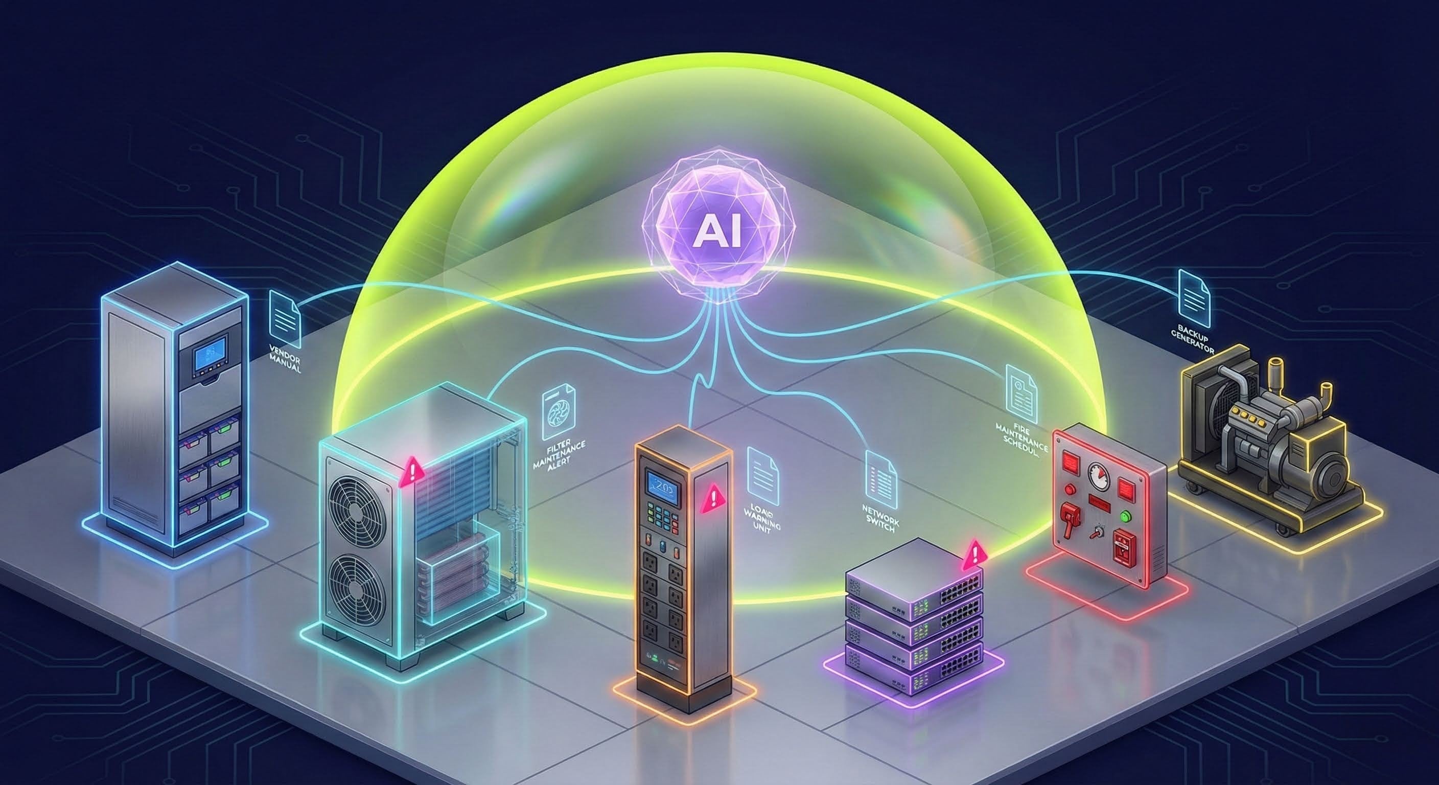 Multi-Vendor Equipment Unified Under RAG Knowledge Layer - Diverse data center equipment connected to a central AI node