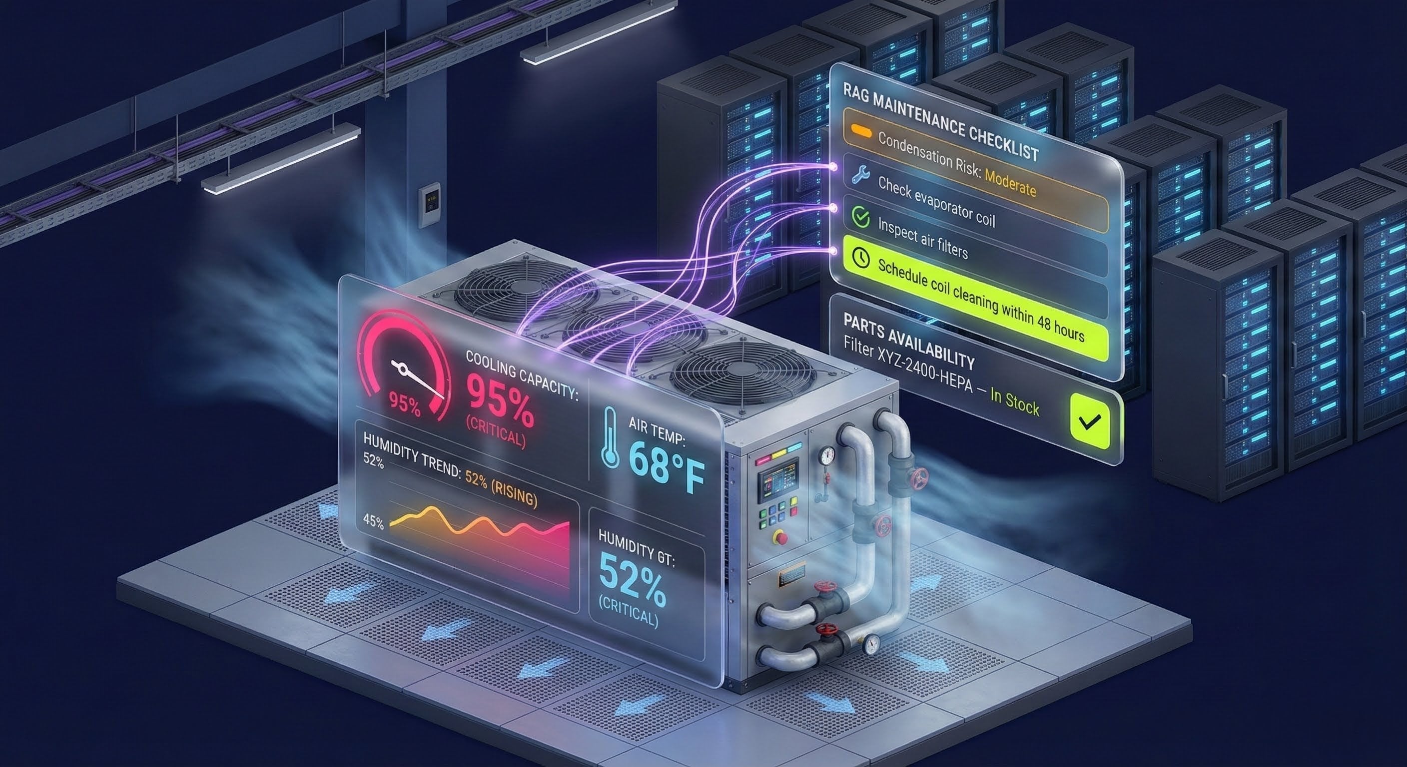 Predictive Maintenance - CRAC unit at 95% capacity with RAG maintenance checklist and sensor overlay