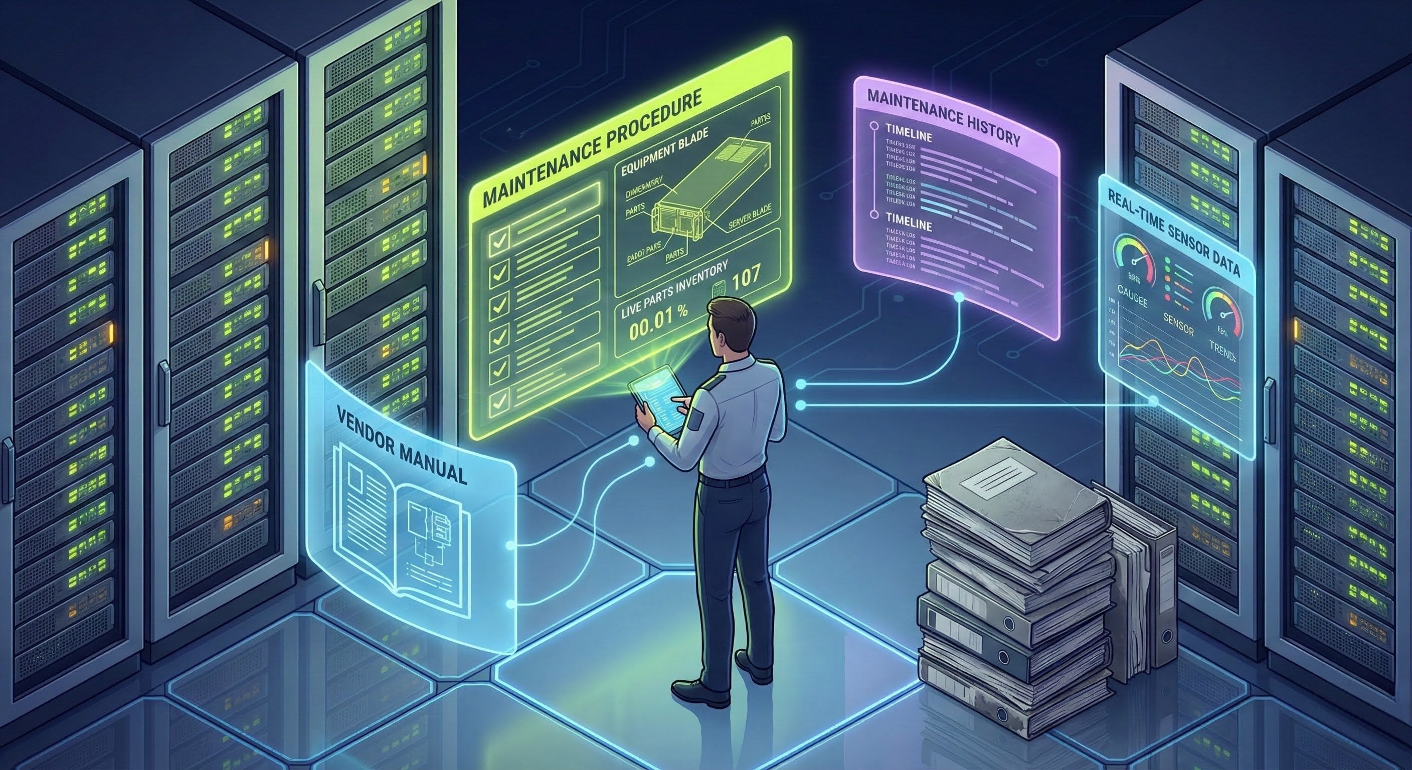 RAG for Data Center Maintenance - AI-powered maintenance command center with holographic procedure interface