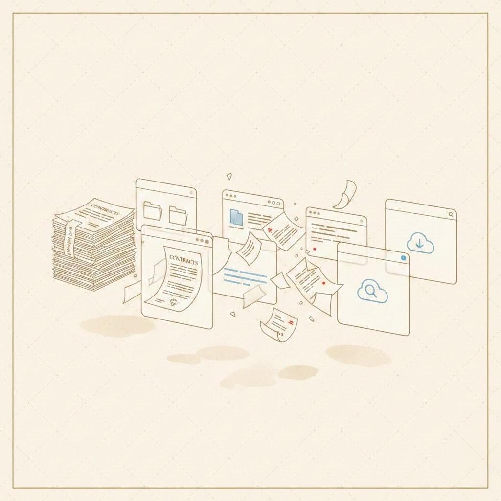 Fragmented legal documents scattered across multiple systems representing law firm knowledge management chaos