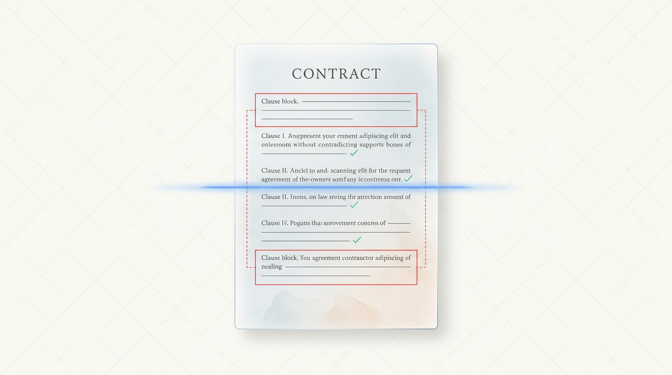 AI scanning contract clauses and highlighting conflicting provisions in red