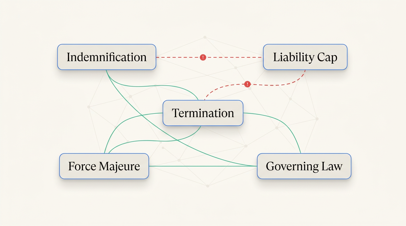 Diagram showing how AI maps clause relationships to detect contract contradictions