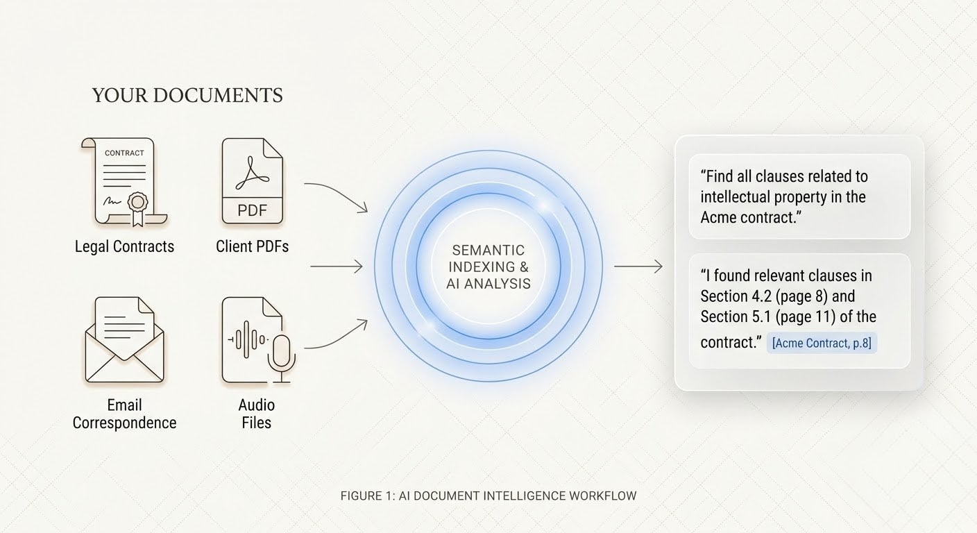 RAG architecture diagram showing document ingestion, semantic search, and cited answers for law firms