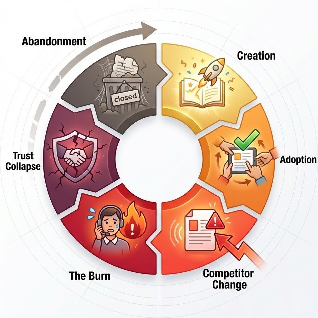 The six stages of battlecard decay from creation to abandonment