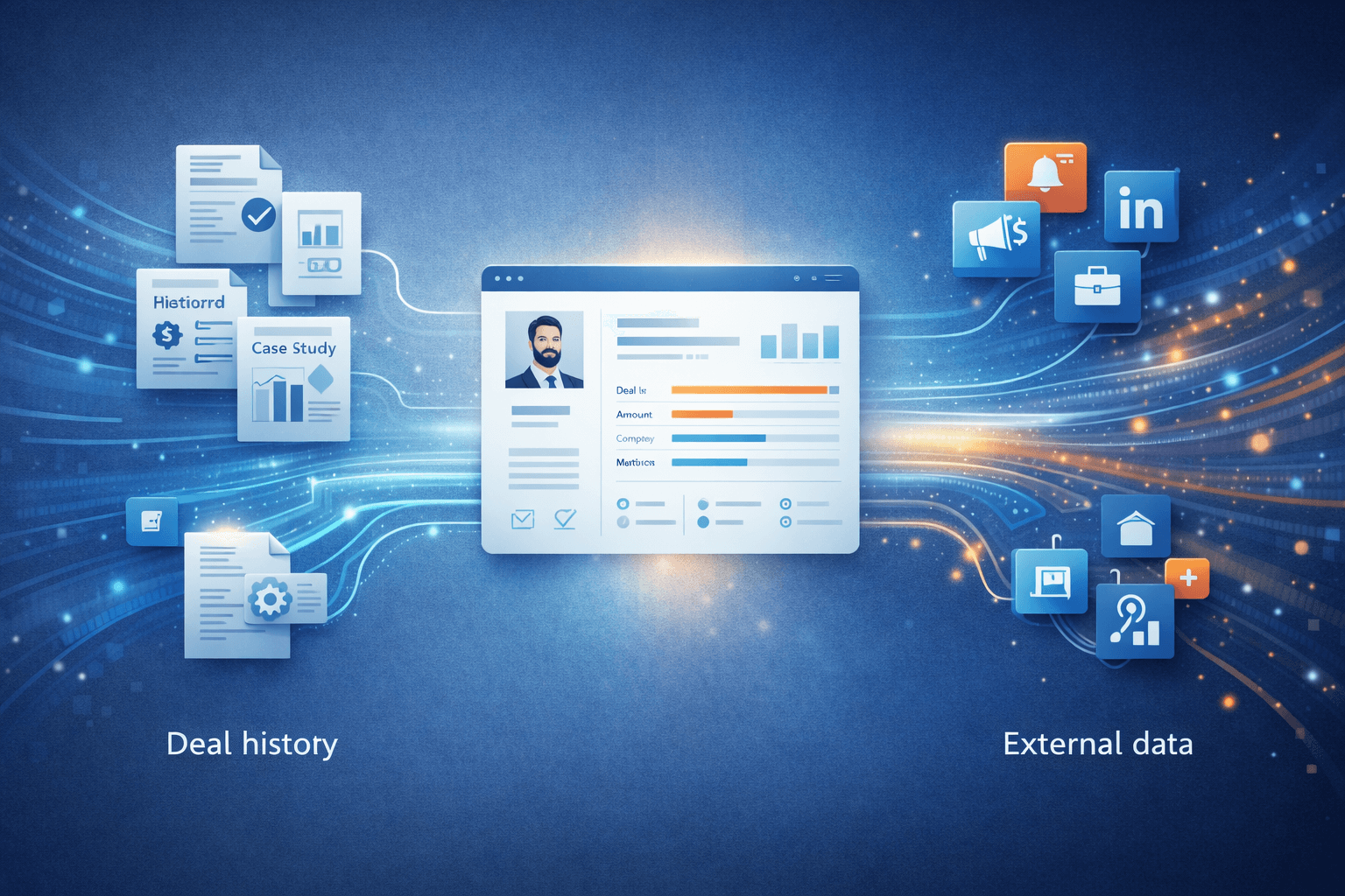 Sales pre-call intelligence combining internal account history with real-time prospect data